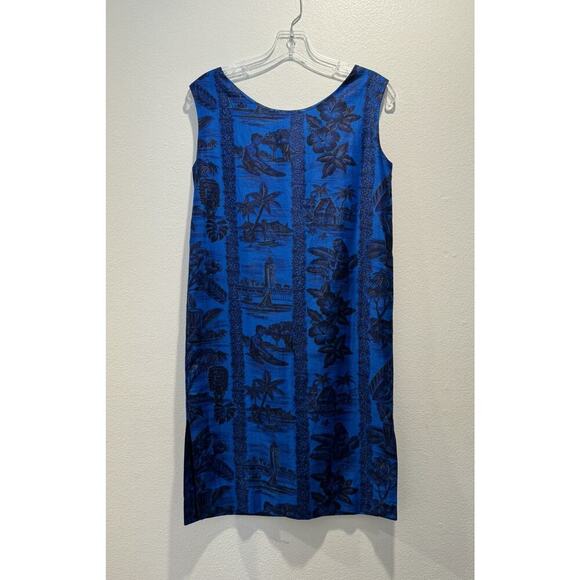 Hawaiiana Modes Honolulu XS VTG Dress Blue Gold Palm Tree Hawaiian Print Resort - Picture 1 of 9